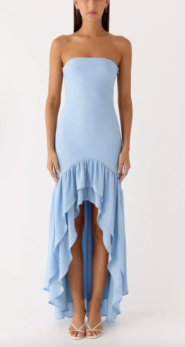 Peppermayo Evander Light Blue Chiffon Strapless High Low Maxi Dress NWT Small